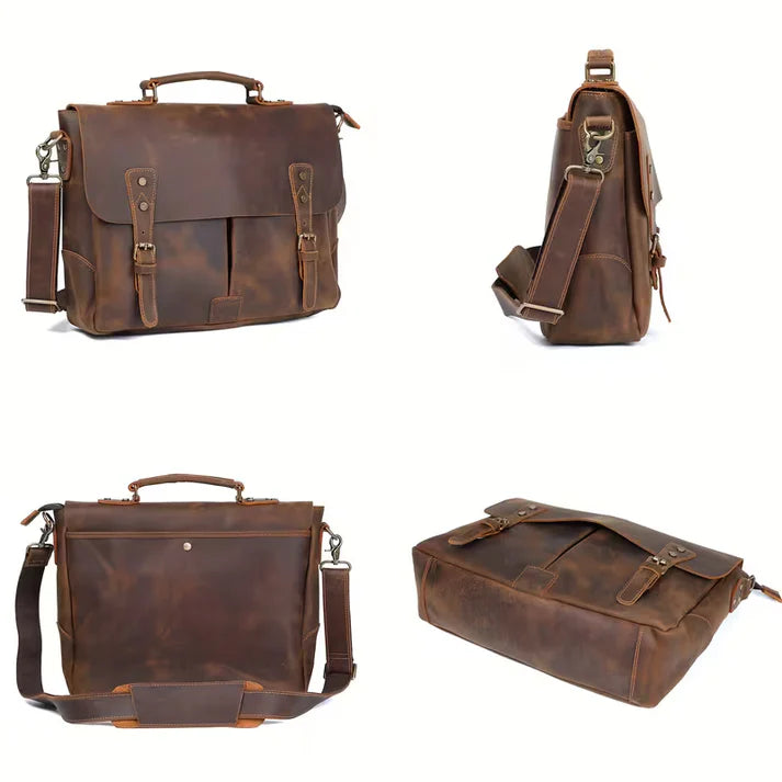 Vintage Genuine Leather Men's Briefcase, featuring an adjustable shoulder strap, gold-tone hardware, and a zippered closure