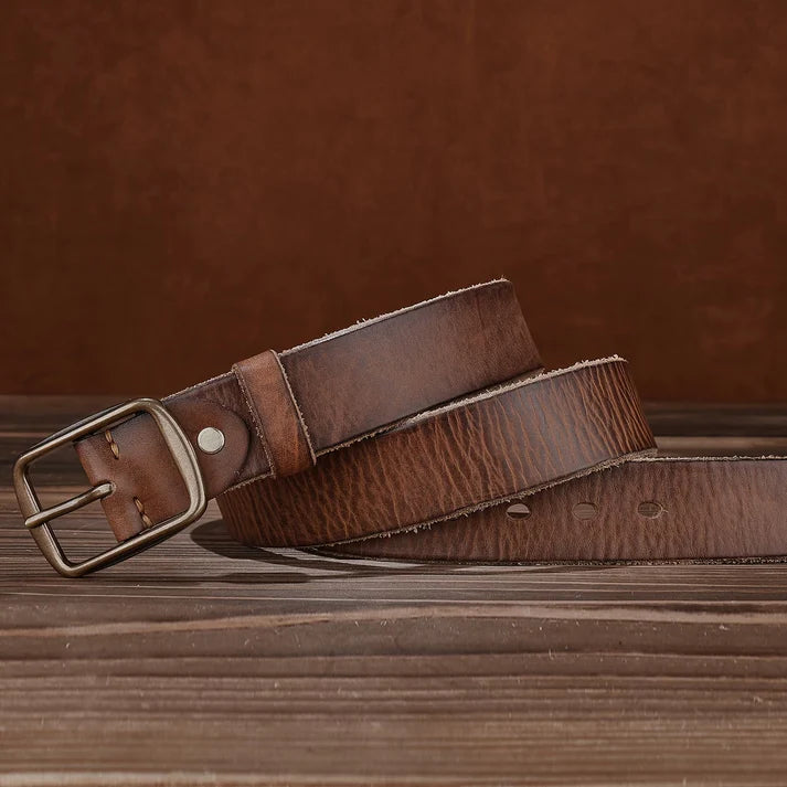 Men's Denim Belt | Western-Style Leather Belt | Casual Vintage Belt | Thick Cowhide Belt with Square Buckle