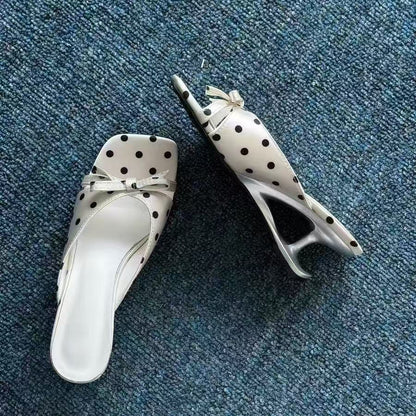 Simple High-Heel Sandals with Bow and Polka-Dot Design