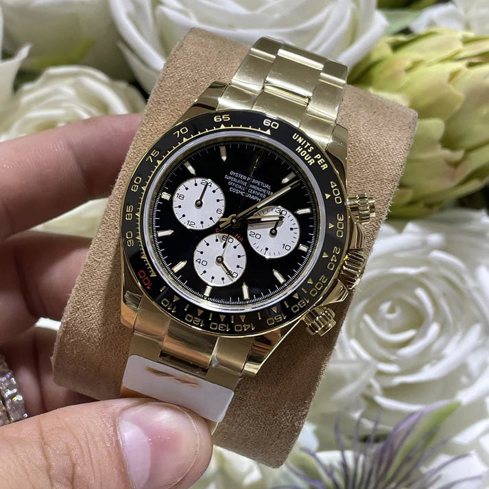 Sport Chronograph Full-Gold Watch, Ceramic Bezel Panda Dial Men's Steel Band Wristwatch, Luxury Waterproof Chronograph