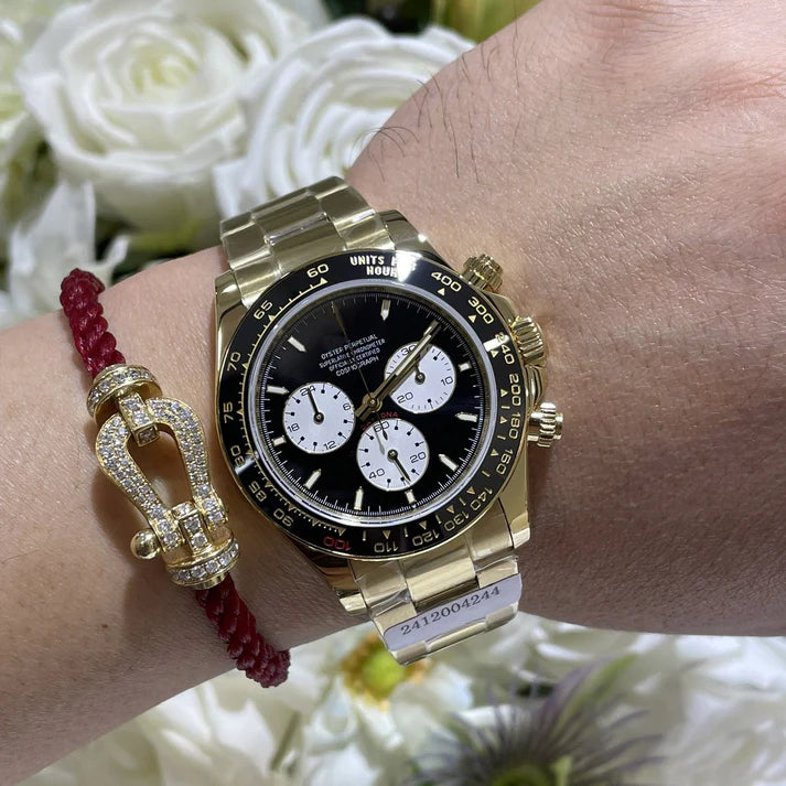 Sport Chronograph Full-Gold Watch, Ceramic Bezel Panda Dial Men's Steel Band Wristwatch, Luxury Waterproof Chronograph