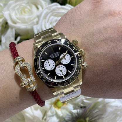 Sport Chronograph Full-Gold Watch, Ceramic Bezel Panda Dial Men's Steel Band Wristwatch, Luxury Waterproof Chronograph