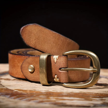 Vintage-style men's wide belt made of top-grain cowhide with a pure brass buckle; handcrafted genuine leather belt.