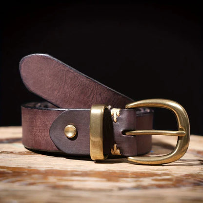 Vintage-style men's wide belt made of top-grain cowhide with a pure brass buckle; handcrafted genuine leather belt.