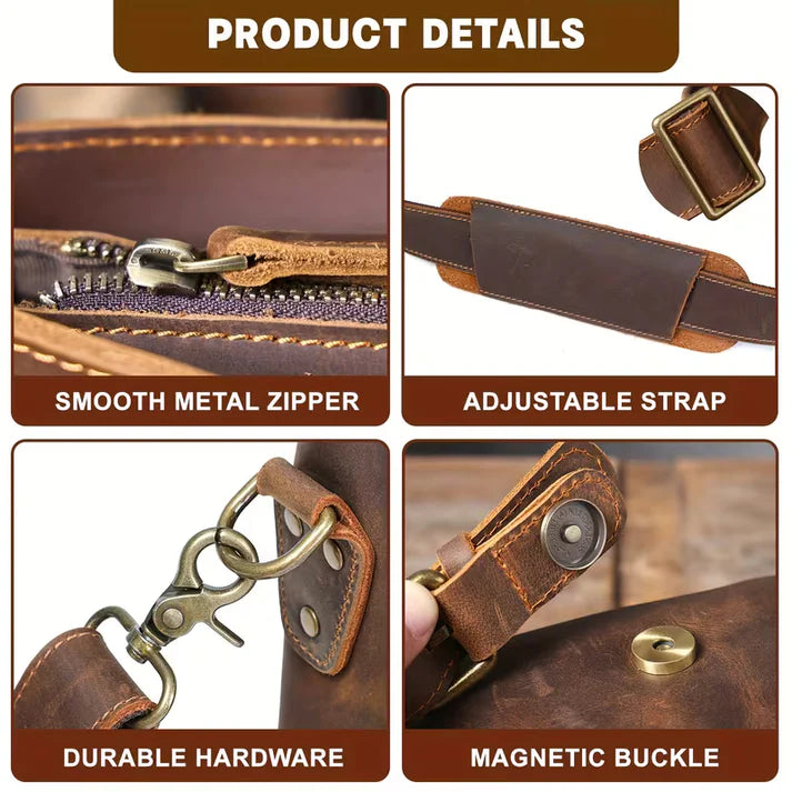 Vintage Genuine Leather Men's Briefcase, featuring an adjustable shoulder strap, gold-tone hardware, and a zippered closure