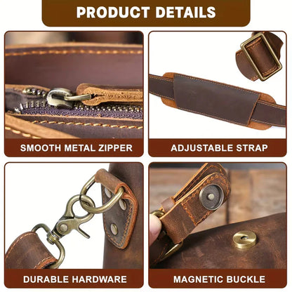 Vintage Genuine Leather Men's Briefcase, featuring an adjustable shoulder strap, gold-tone hardware, and a zippered closure