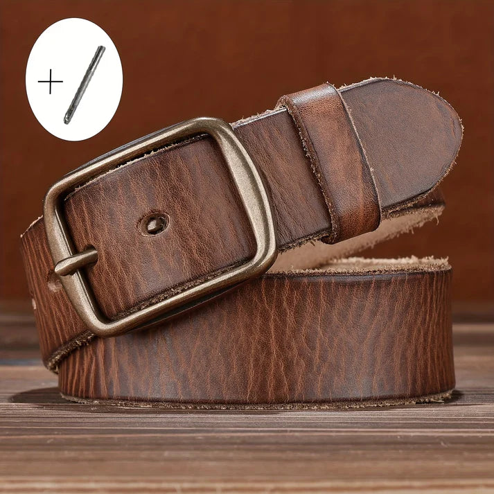 Men's Denim Belt | Western-Style Leather Belt | Casual Vintage Belt | Thick Cowhide Belt with Square Buckle