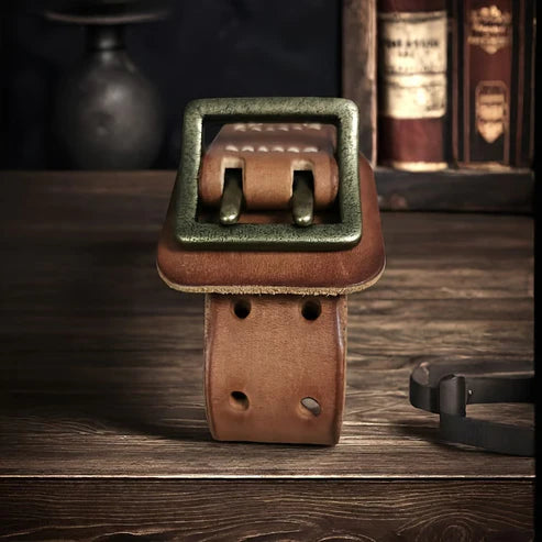 Vintage-style top-grain cowhide men's belt – double-pin brass buckle, double-row buckle design.