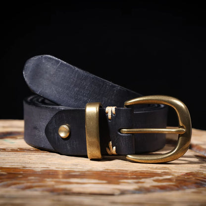 Vintage-style men's wide belt made of top-grain cowhide with a pure brass buckle; handcrafted genuine leather belt.