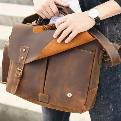Vintage Genuine Leather Men's Briefcase, featuring an adjustable shoulder strap, gold-tone hardware, and a zippered closure