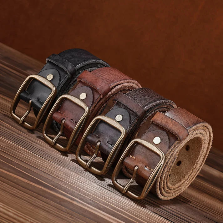 Men's Denim Belt | Western-Style Leather Belt | Casual Vintage Belt | Thick Cowhide Belt with Square Buckle