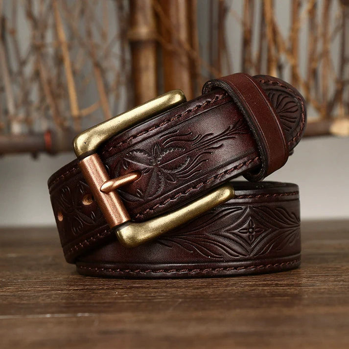 Reversible, Thickened Top-Grain Cowhide Belt with Embossed Texture and Brass Buckle