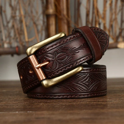 Reversible, Thickened Top-Grain Cowhide Belt with Embossed Texture and Brass Buckle