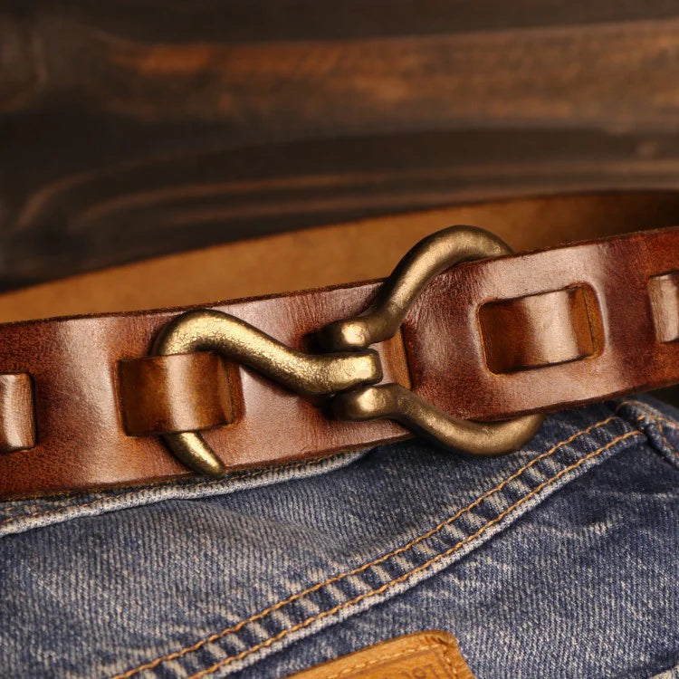 3.4cm Wide Genuine Leather Belt with Solid Copper Buckle