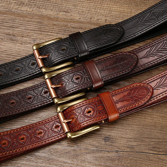 Reversible, Thickened Top-Grain Cowhide Belt with Embossed Texture and Brass Buckle