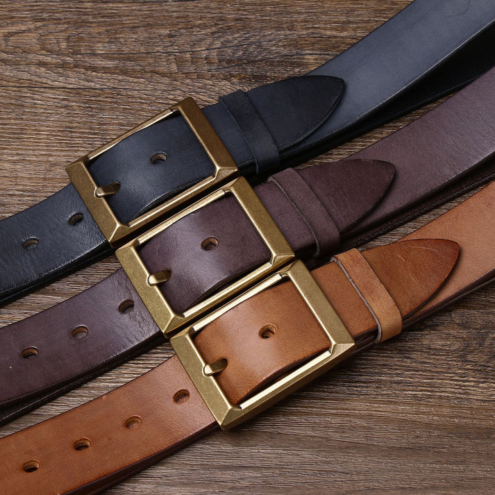 Top-Grain Cowhide Leather Belt with Brass Buckle — Genuine Leather Pin Buckle