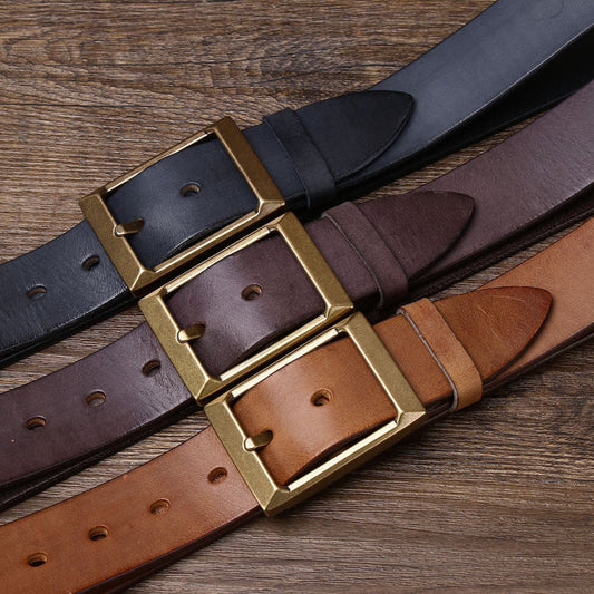 Top-Grain Cowhide Leather Belt with Brass Buckle — Genuine Leather Pin Buckle