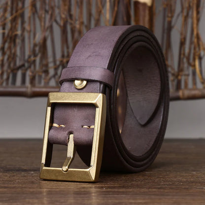 Top-Grain Cowhide Leather Belt with Brass Buckle — Genuine Leather Pin Buckle