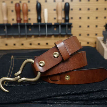 3.4cm Wide Genuine Leather Belt with Solid Copper Buckle