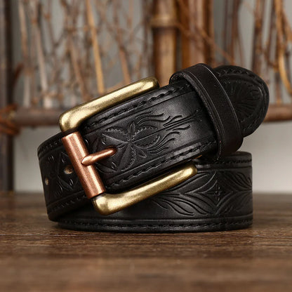 Reversible, Thickened Top-Grain Cowhide Belt with Embossed Texture and Brass Buckle