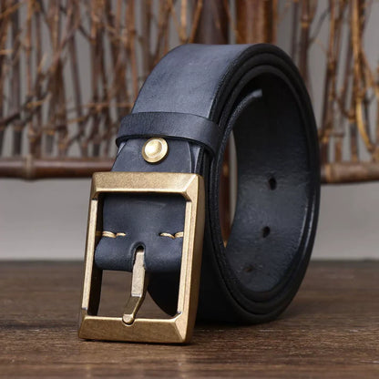 Top-Grain Cowhide Leather Belt with Brass Buckle — Genuine Leather Pin Buckle