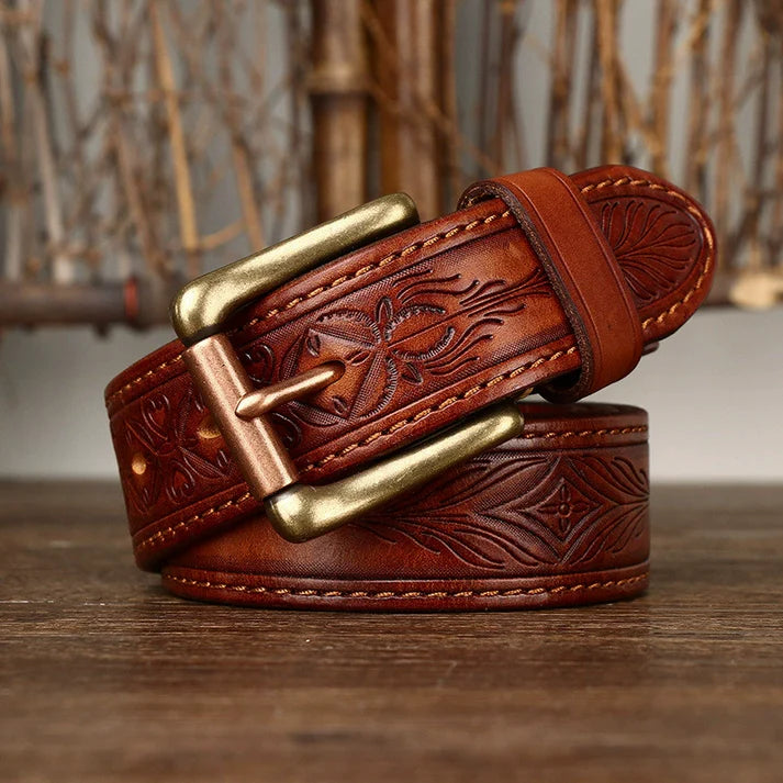 Reversible, Thickened Top-Grain Cowhide Belt with Embossed Texture and Brass Buckle