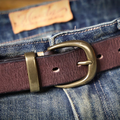 Vintage-style men's wide belt made of top-grain cowhide with a pure brass buckle; handcrafted genuine leather belt.