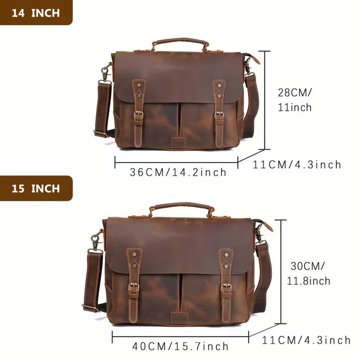 Vintage Genuine Leather Men's Briefcase, featuring an adjustable shoulder strap, gold-tone hardware, and a zippered closure