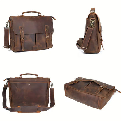 Vintage Genuine Leather Men's Briefcase, featuring an adjustable shoulder strap, gold-tone hardware, and a zippered closure