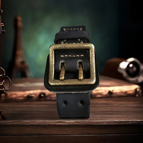 Vintage-style top-grain cowhide men's belt – double-pin brass buckle, double-row buckle design.