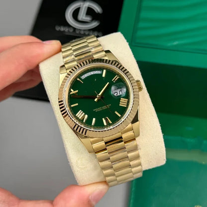 Classic Full-Gold Day-Date Style Watch, Men's President Bracelet Wristwatch, Luxury Waterproof Dress Watch