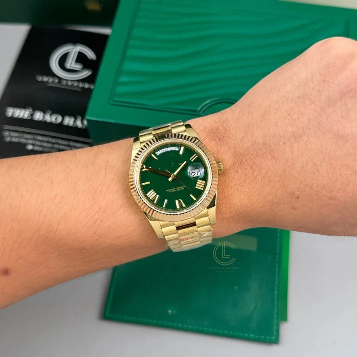 Classic Full-Gold Day-Date Style Watch, Men's President Bracelet Wristwatch, Luxury Waterproof Dress Watch