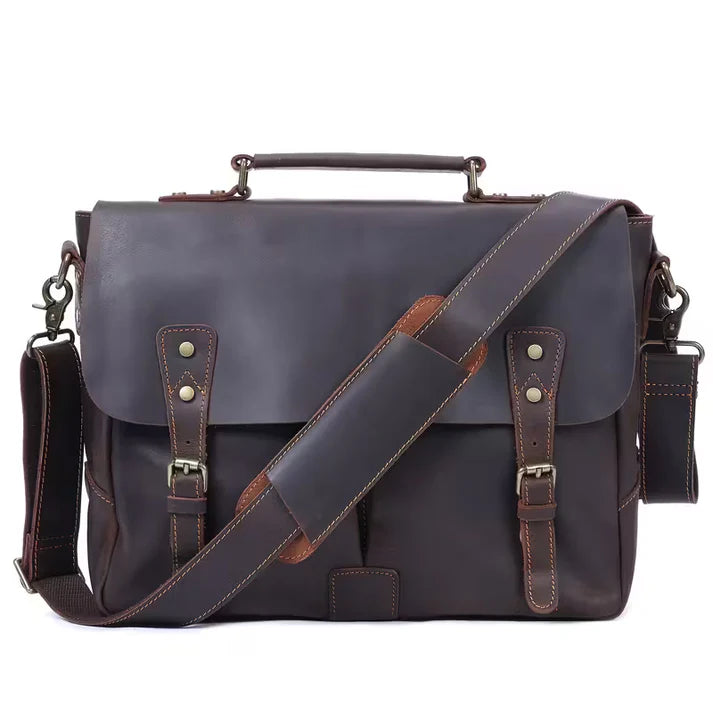 Vintage Genuine Leather Men's Briefcase, featuring an adjustable shoulder strap, gold-tone hardware, and a zippered closure