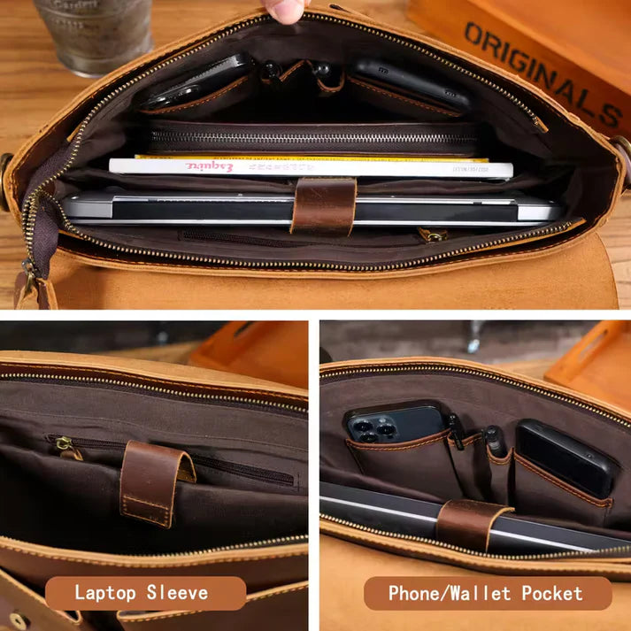 Vintage Genuine Leather Men's Briefcase, featuring an adjustable shoulder strap, gold-tone hardware, and a zippered closure